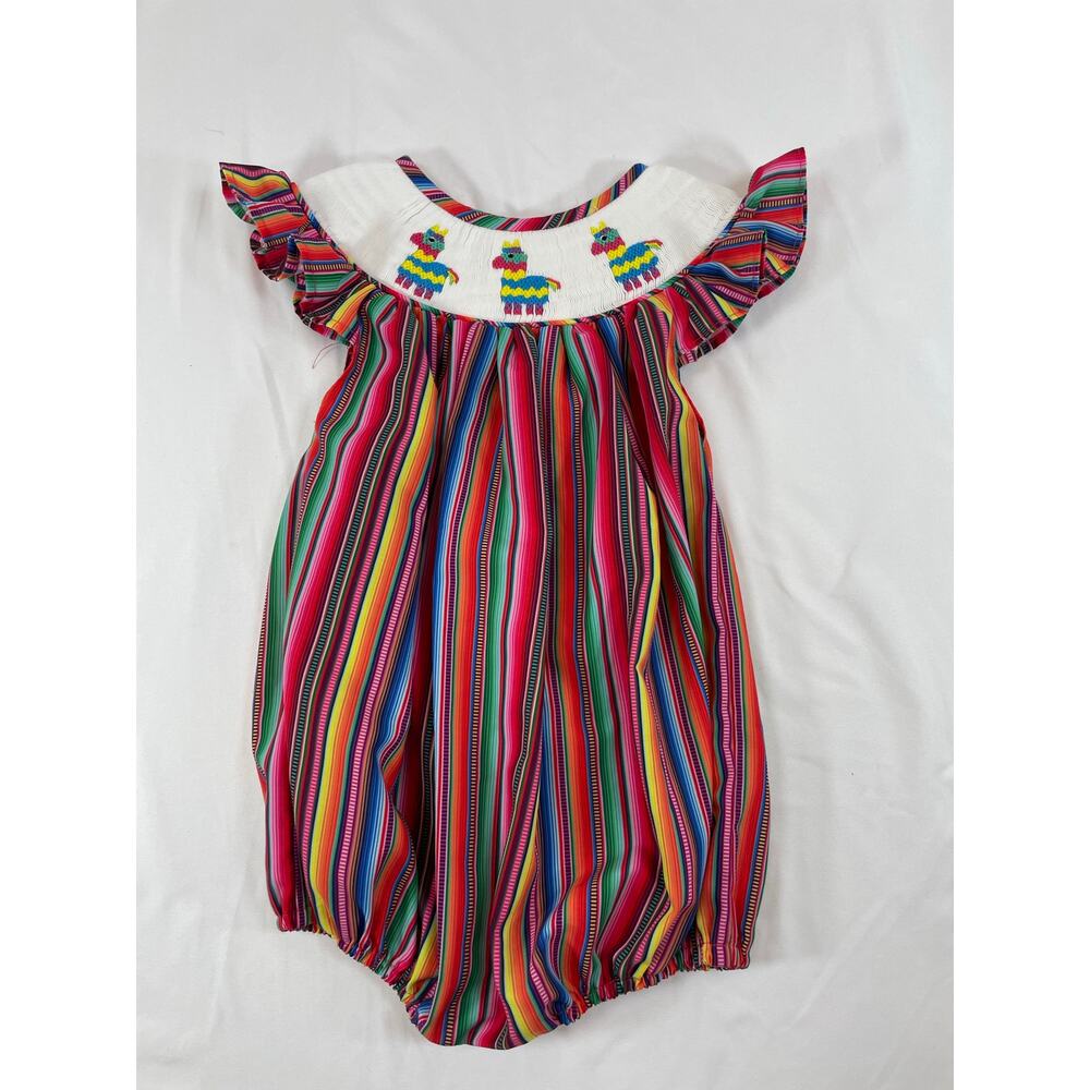 Ann + Reeves Pinata Smocked Embroidered Striped Kristine Bubble Romper 18M
